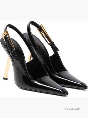 Slingback Stiletto High Heels Square Toe Metal Buckle Pumps Patent Leather